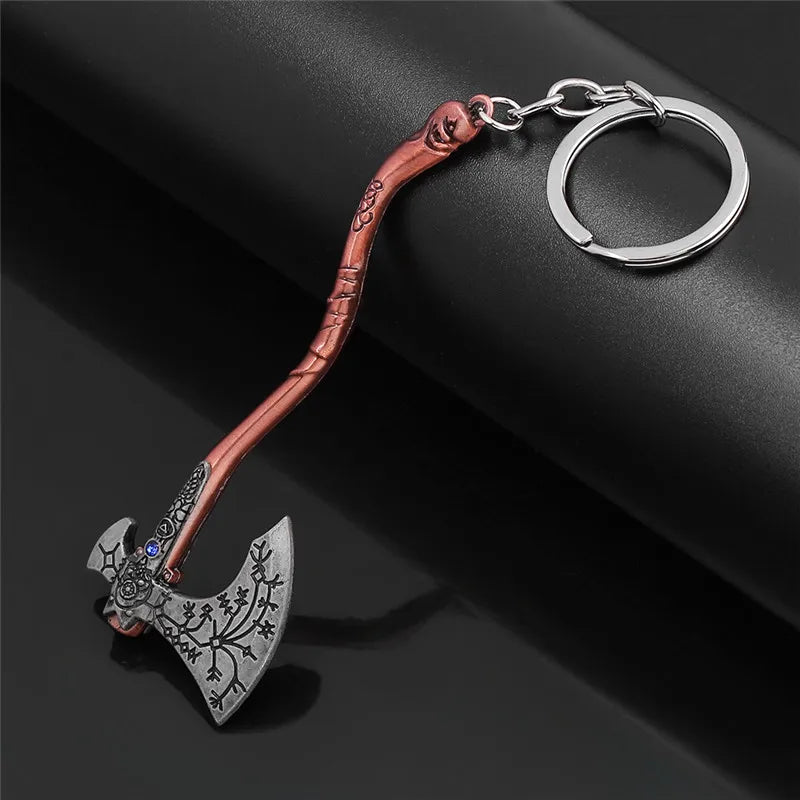 Punk Fashion Jewelry God Of War 4 Kratos Axe Keychains Exquisite Crystal Carved pattern Axe Pendant key holder Souvenir jewelry