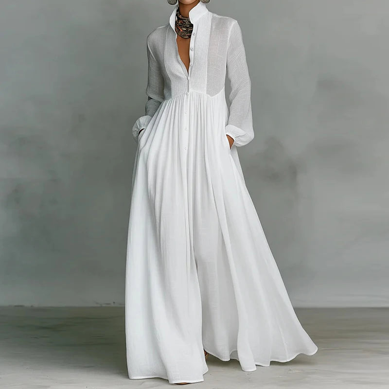 Elegant Stand Collar Long Sleeve Party Dress, Women 2026 New Spring Solid Casual Dresses, Single Breasted Ladies Pocket Dresses