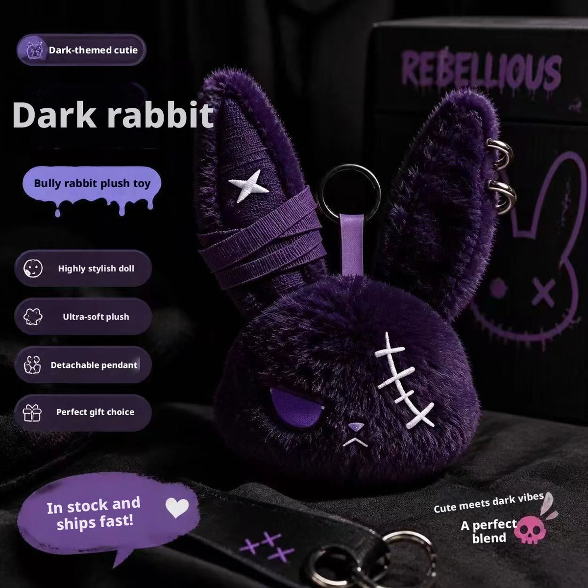 Hot Gothic Bunny Plush Keychain RabbitBag Charm with Bandage Desian Kawaii Key Ring Pendant Car Bag Ornament Gift To