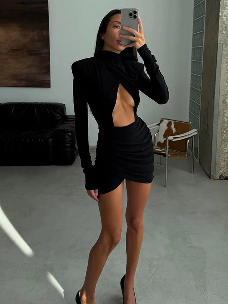 Women Black Cinched-waist Mini Dress Casual V-neck Elegant Shoulder Pads Long Sleeve Short vestido Lady Chic Party Street Gowns