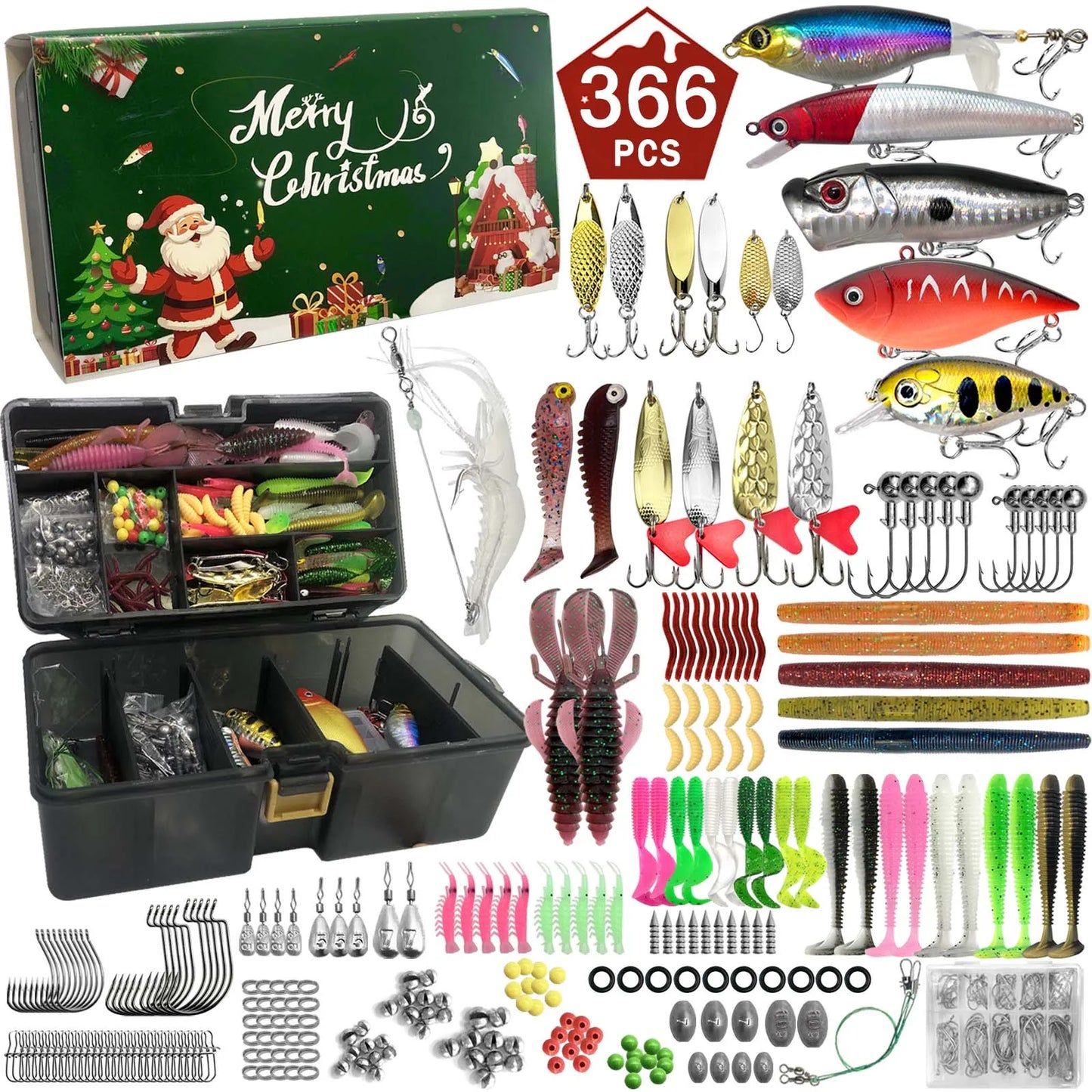 411/366/136/86Pcs of Christmas fishing lure set with storage box, which is common in salt water and fresh water