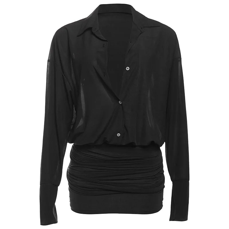 Cryptographic Fashion See Through Shirt Mini Dress Flare Sleeve Sexy Club Party Bandage Ruched Lapel Dresses Outfits Clothes