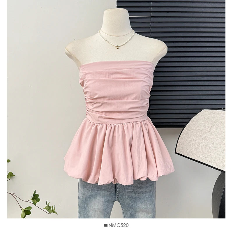 Sexy pleated ruffle Camis Chic tube top Slim Korean Tanks Top Elegant off shoulder Crop Top Summer Women Bustier