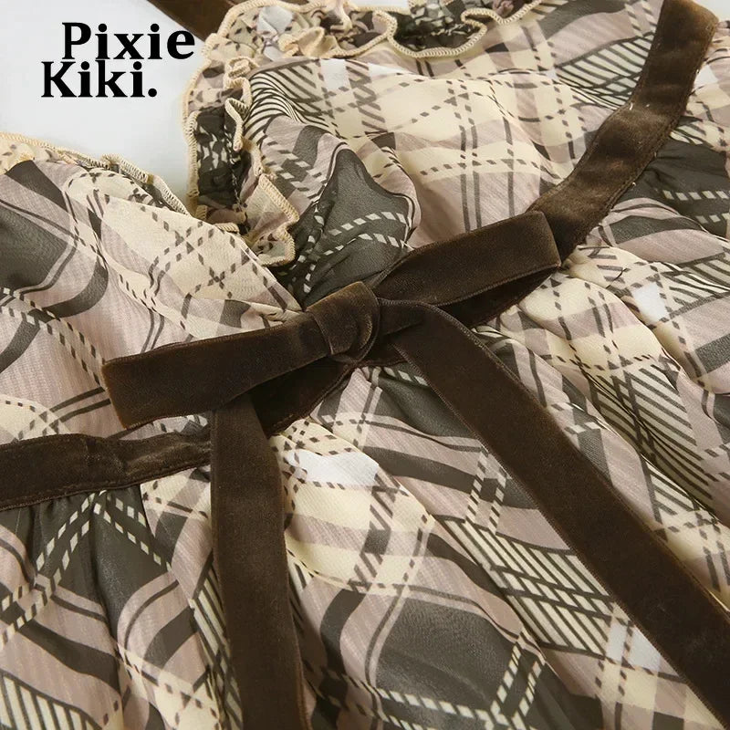PixieKiki Brown Plaid Tank Tops for Women Gyaru Japanese 2000s Y2k Summer Bow Frill V Neck Backless Top Cute Clothing P84-EF20