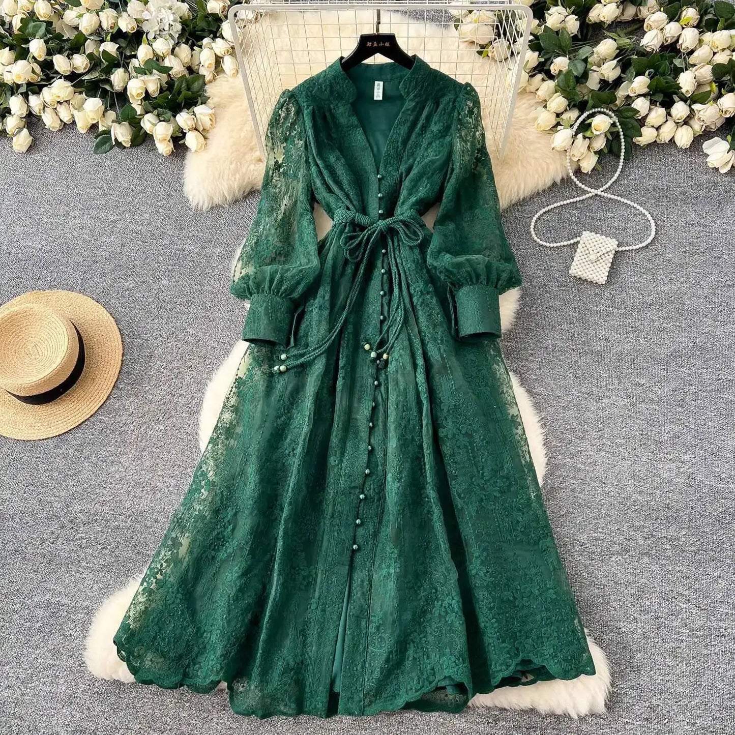 Luxury Embroidery Formal Dresses Women Summer Autumn Lantern Long Sleeve Lace Vestidos Pearl Prom Evening Birthday Dress Party
