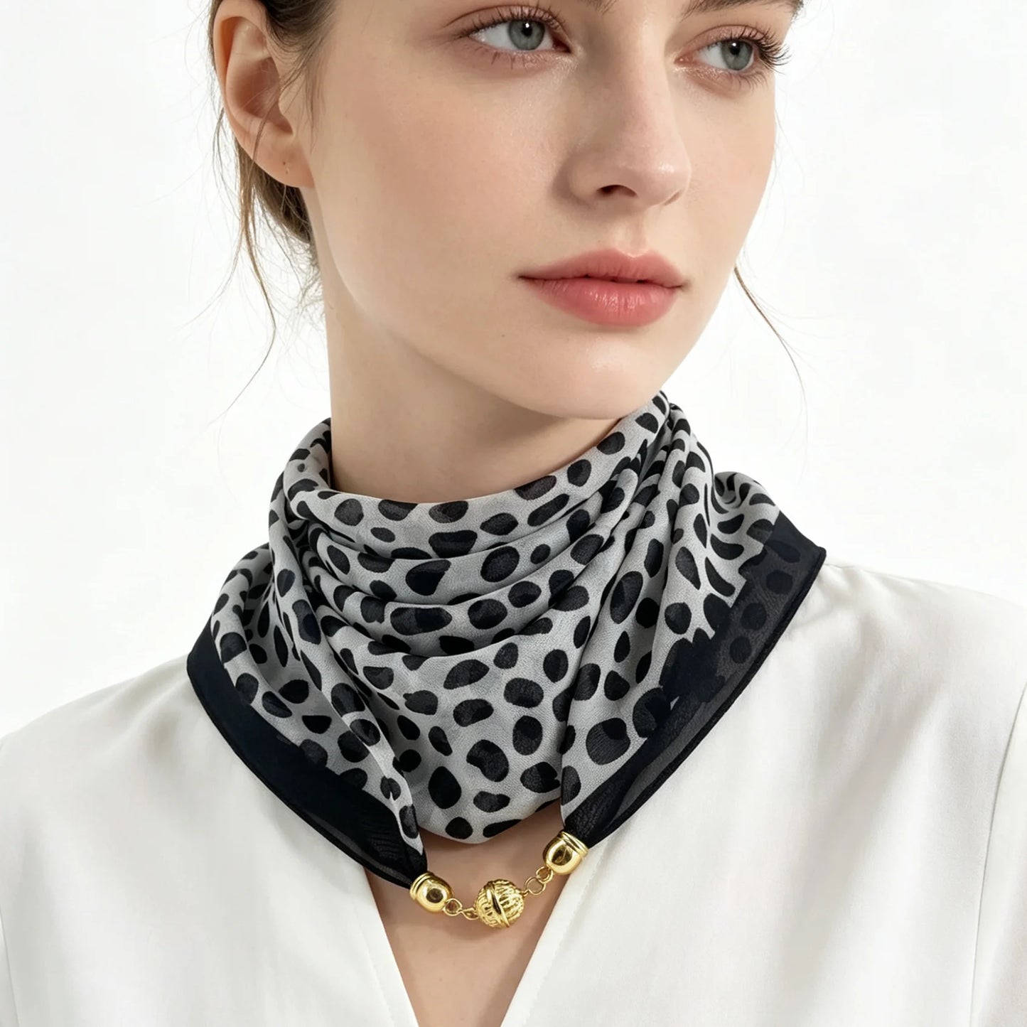 Leopard Print Magnetic Buckle Scarf, 60cm Square Thin Chiffon Neck Scarf, Quick & Easy Wear Fastening Neck Wrap,Decorative Scarf