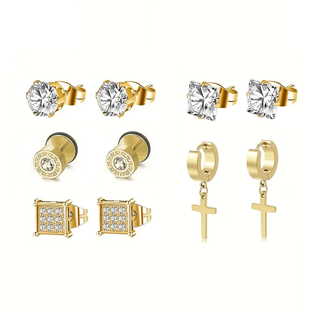 1-5 Pairs Stainless Steel Earrings Cross Dangle Hinged Earrings, Cubic Zirconia Stud Earrings For Men, Ear Piercing Jewelry