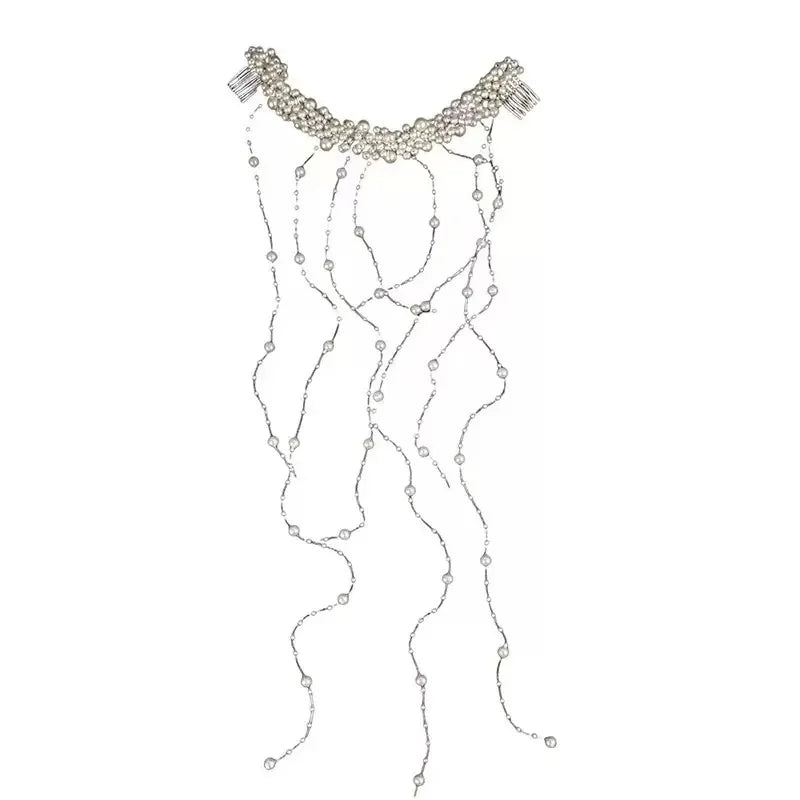 1 elegant artificial pearl hair comb with exquisite bead tassel for bride's wedding dress headwear