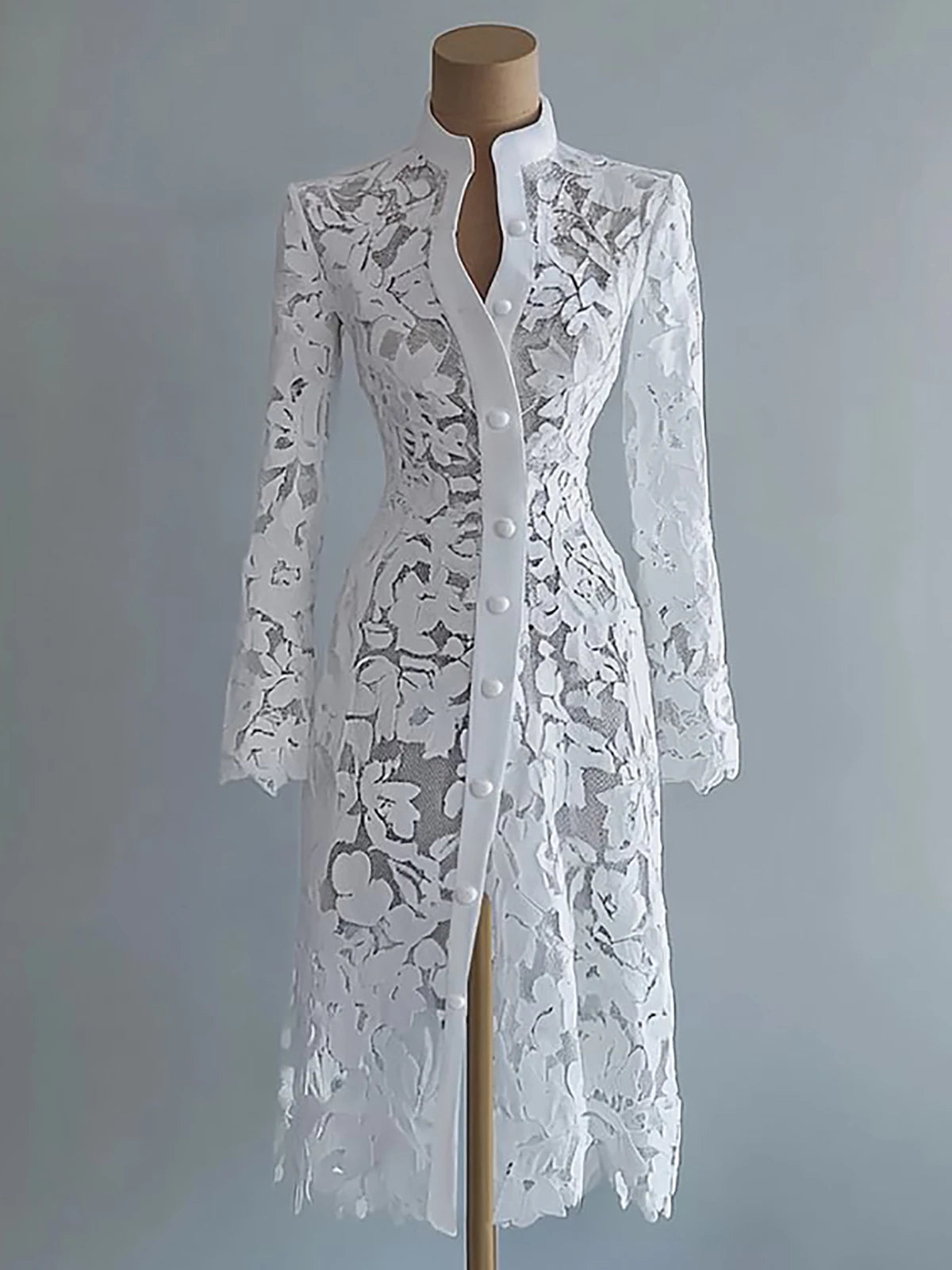 Women's Floral Lace Hollow Out Elegant Dress Solid Single-breasted Turtleneck Autumn Long Sleeve Cardigan Outwear Midi Dresses