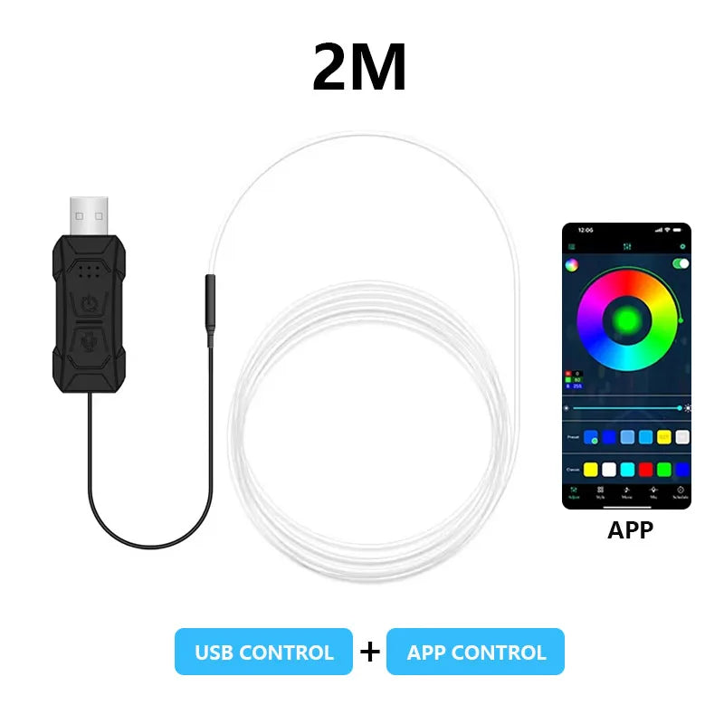 Car Interior Atmosphere Light, RGB LED Light Strip Neon Invisible Light USB Fiber Optic Ambient Lamp Support APP Control