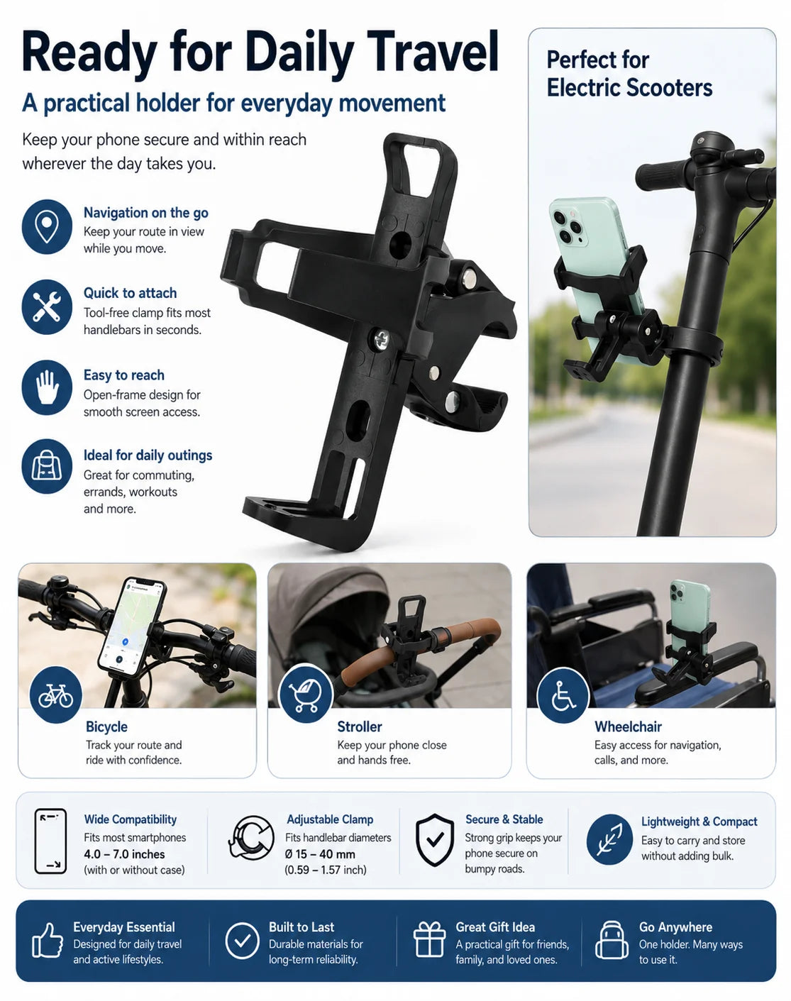 Universal Handlebar Phone Holder Adjustable Bike Scooter Stroller Wheelchair Mount Clamp Stand for 4.0-7.0 Inch Smartphones Uses