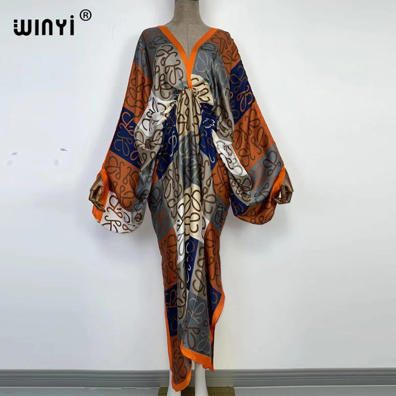 Sexy bech high-quality hand-rolled feel silk rayon fashion print 2021 WINYI Maxi women's robes long beach V-neck Bohemian dress