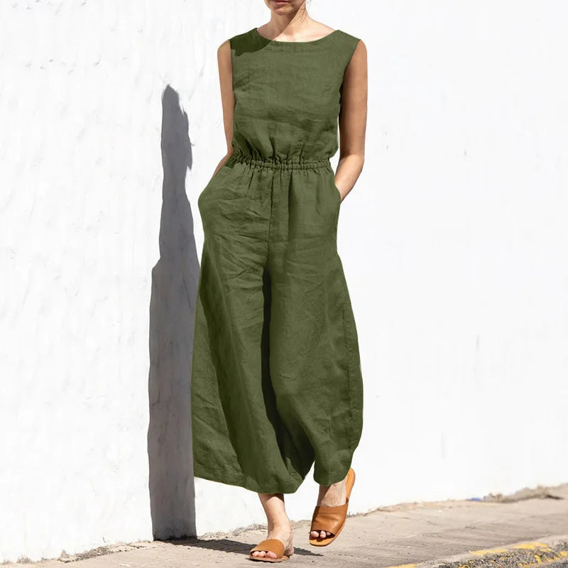 Cotton And Linen Jumpsuit Women Solid Color Sleeveless Pocket High Waist Wide Legs Jumpsuits Casual Commuting Ladies Bodysuits