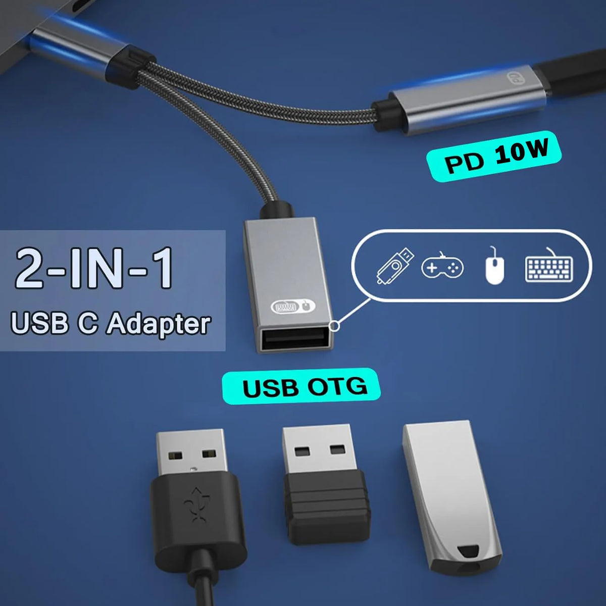 USB C OTG Cable Phone Adapter 2 in 1 Type C to USB A Adapter with PD 10w Charging Port for Samsung Xiaomi Phone Laptop Tablet