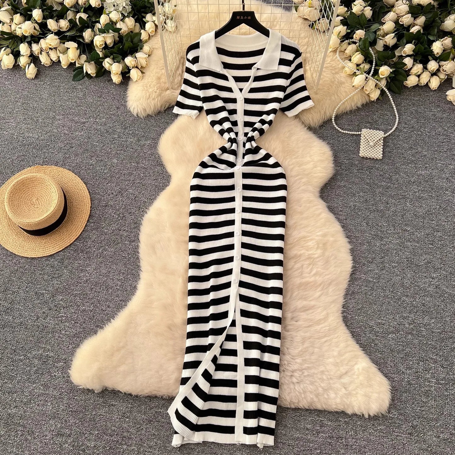 YuooMuoo Chic Fashion Sexy Wrap Hips Knitted Maxi Dress 2026 Summer Women Single-breasted Stripes Sweater Dress Streetwear Robes