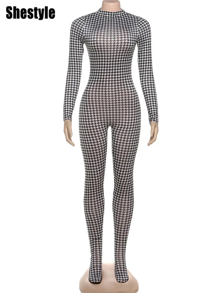 Shestyle Plaid Bodycon Jumpsuits Women with Stocking Sporting Turtleneck Casual Winter Fashion New Zipper Fitness Clothing New
