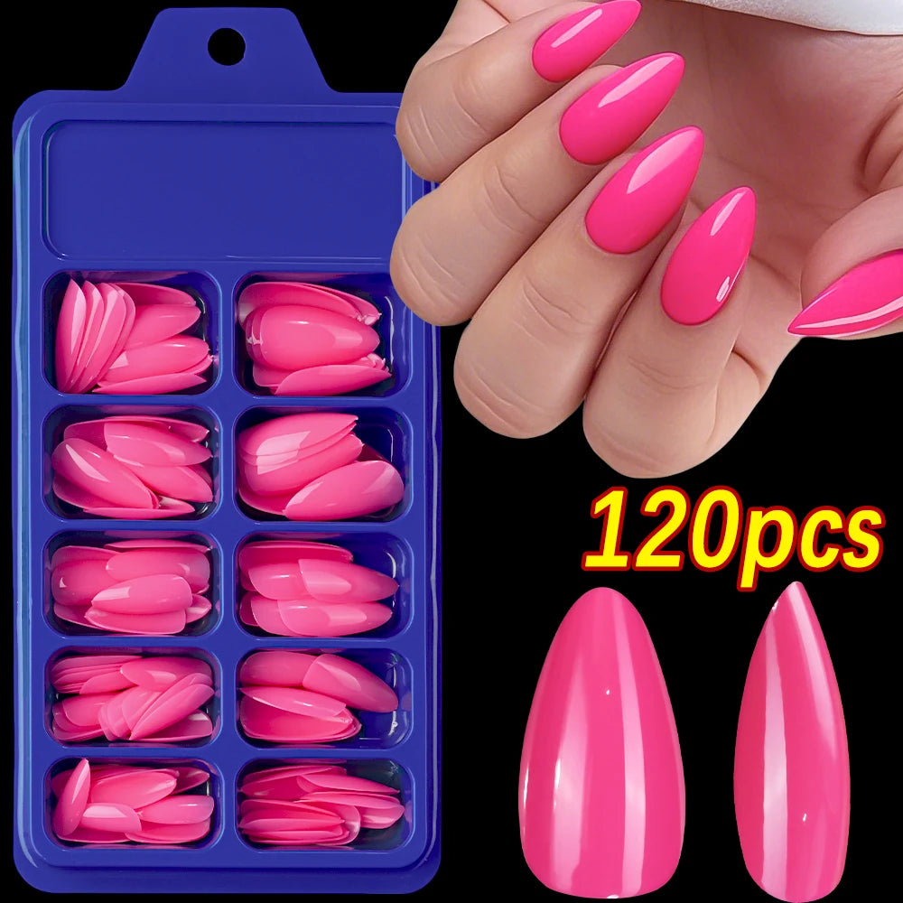 120Pcs Wine Red Almond Press On Nails Full Coverage Fake Nail Tip False Fingertips for Dating/Party Women Manicure Extension Tip