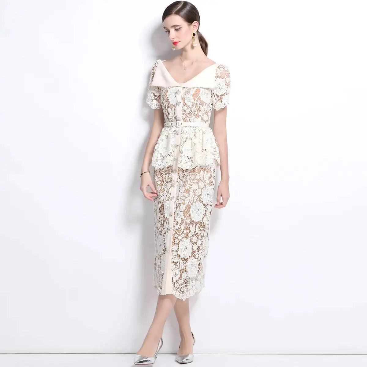 Quality Summer Beaded Diamonds Embroidery Beige White Lace Evening Dress Women Short Sleeve Ruffle Peplum Midi Prom Dresses Long