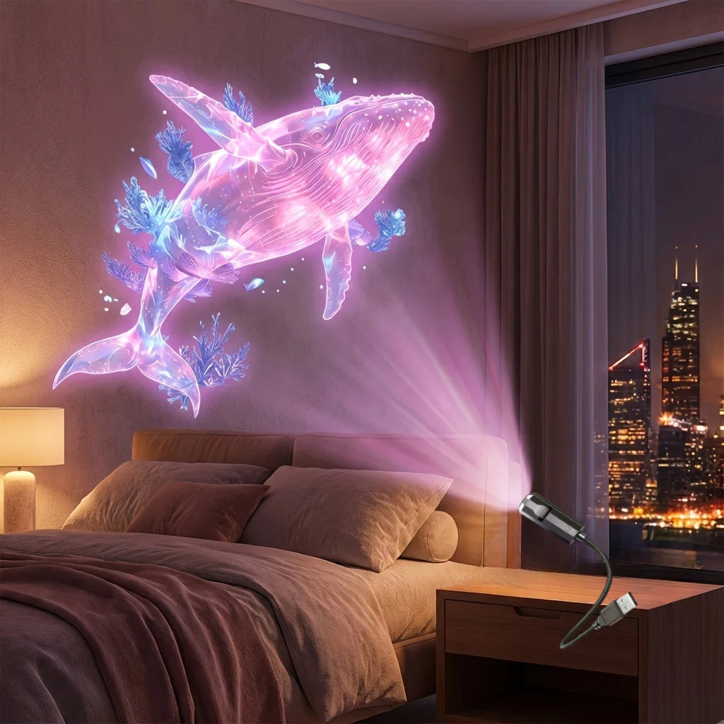 Portable marine life projector light, featuring 8 light panels including jellyfish, whale, and sea turtle; USB powered, 360° rot