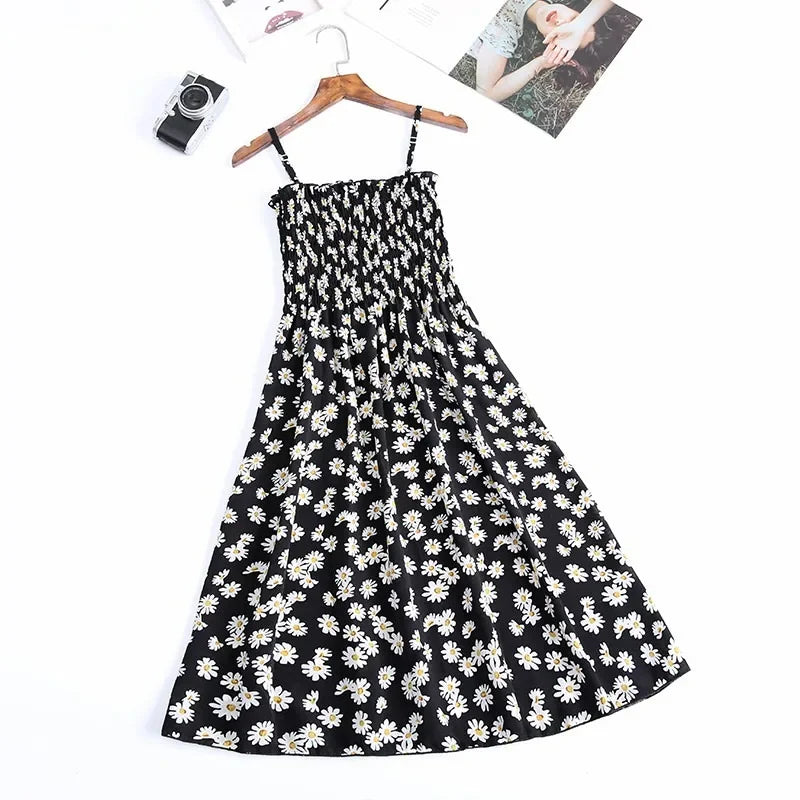 Summer Chiffon Camisole Sleeveless Dress Women Mini Dresses Fashion Elastic Waist Casual Spaghetti Strap Dresses Vestidos Girls