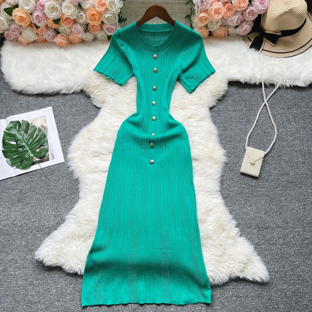 YuooMuoo 2026 Summer Women Knitted Long Dress Brand Fashion O-neck Buttons Bodycon Sweater Dress Elegant Lady Office Vestidos