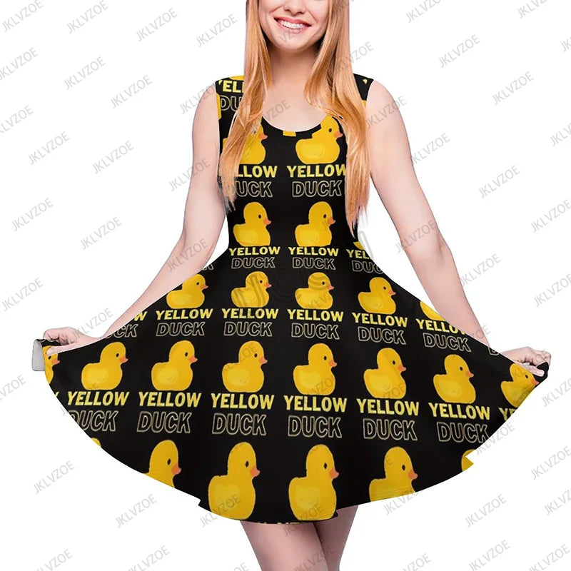 Summer New Fashion Yellow Classic Ducks Graphic Women Sleeveless Dress Kawaii Animal Aesthetic Dresses Female Kawaii Dress