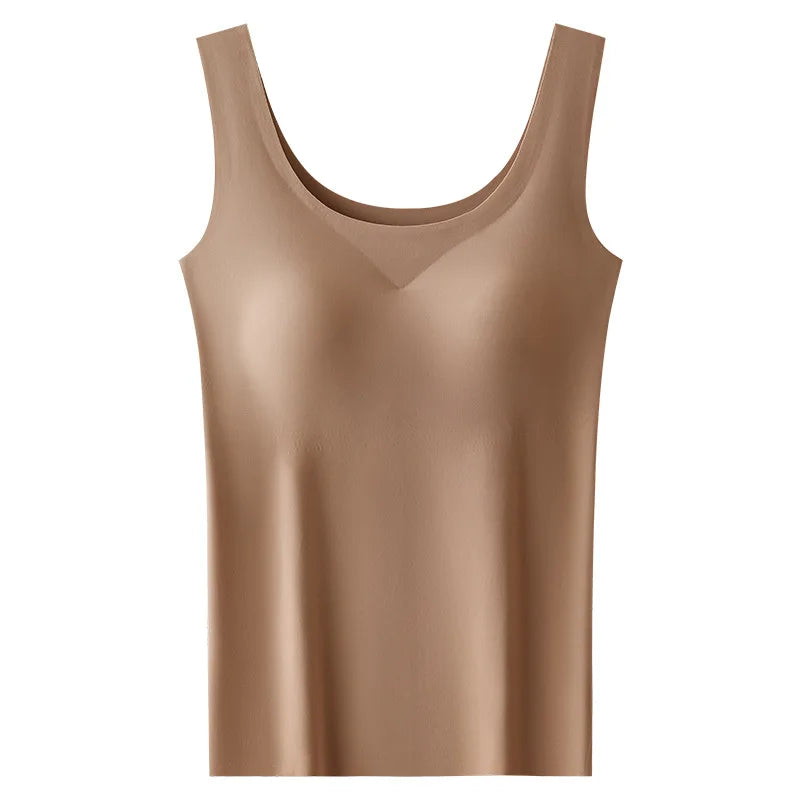 M-2XL Ice Silk Seamless One-piece Bottoming Tank Tops with Chest Pads Women Inner Outerwear Wide Shoulder Sleeveless Tops