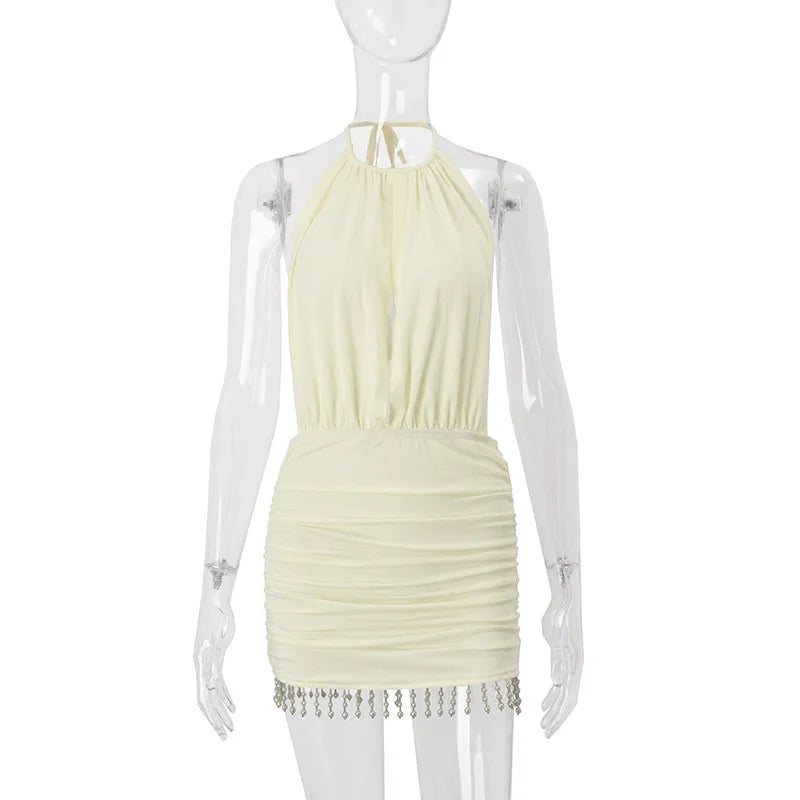 Cryptographic Embellished Halter Sexy Backless Mini Dress Vacation Summer Outfits for Women Club Party Cut-Out Short Dresses New