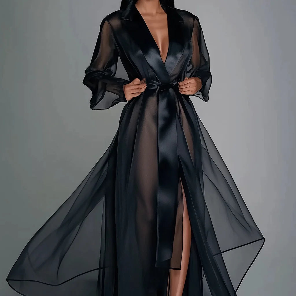 Organza See Through Long Sleeve Lace Up Robe Maxi Dress Summer Lapel Collar Fashion Bridal Robes Women's Gown Solid Party Dress