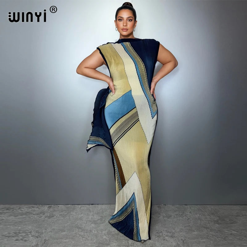 WINYI Pleated elastic slim dress Women crumple Design Pleated luxury abaya muslim party dress poncho for women beach wear kaftan