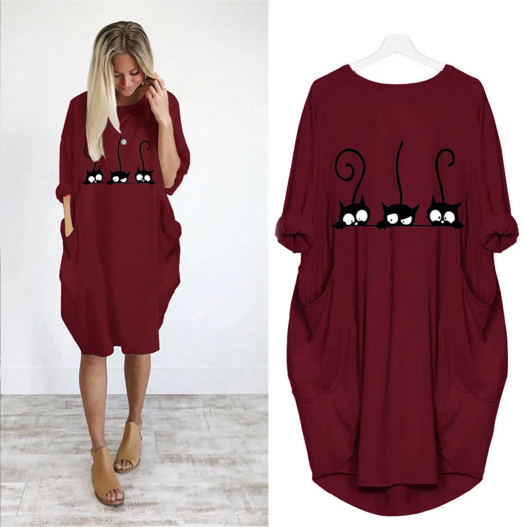 Women's Loose Long Sleeved Summer Plus Size Dress Autumn Winter Casual Round Neck Solid Color Long Sleeve Pocket Loose Pullove