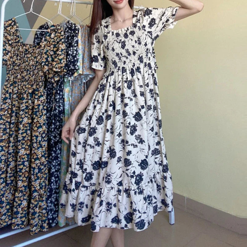 Spring Summer Elastic Waist Chiffon Dress Women Casual Dresses Fashion Female Vestidos Short Sleeve Pleated A-line Dresses