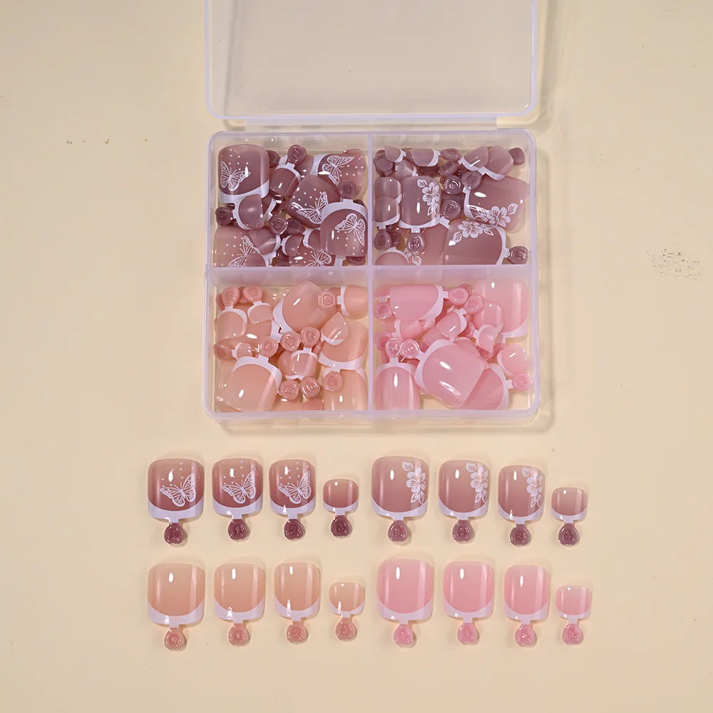 96Pcs/Box French Fake Toenails Butterfly/Flower Design Short Square Press On Toenail Glossy Full Cover False Toe Nail Extension