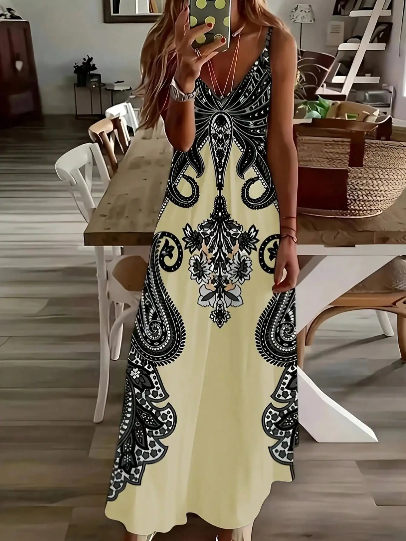 2024 Cross border New Flower Printed V-neck Strap Dress with Exotic Bohemian Vacation Style Elegant Long Style