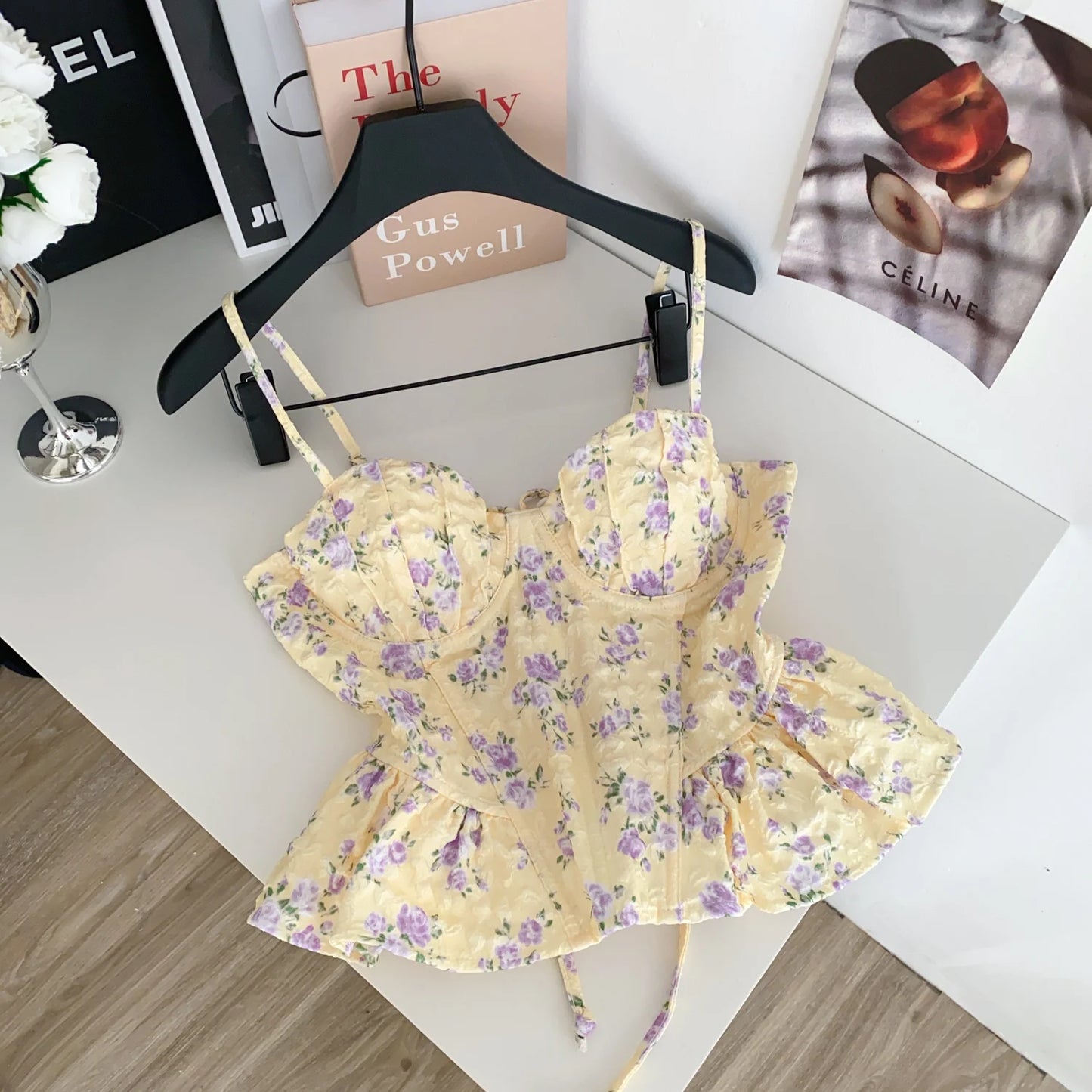 Sexy Slim Corset ruffle print Chic Korean Camis Tank Top Basic Fashion Off Shoulder Summer Women Clothing