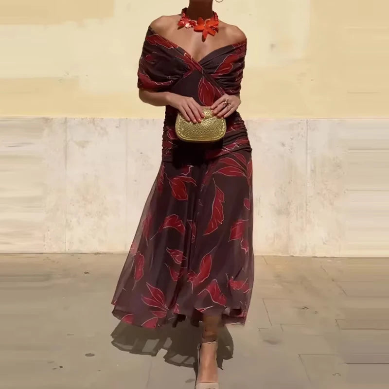 2025 Floral Print High Waist Pleat Party Dress Elegant Women Bat Sleeve Swing Party Dress Female Chest Low Cocktail A-Line Dress
