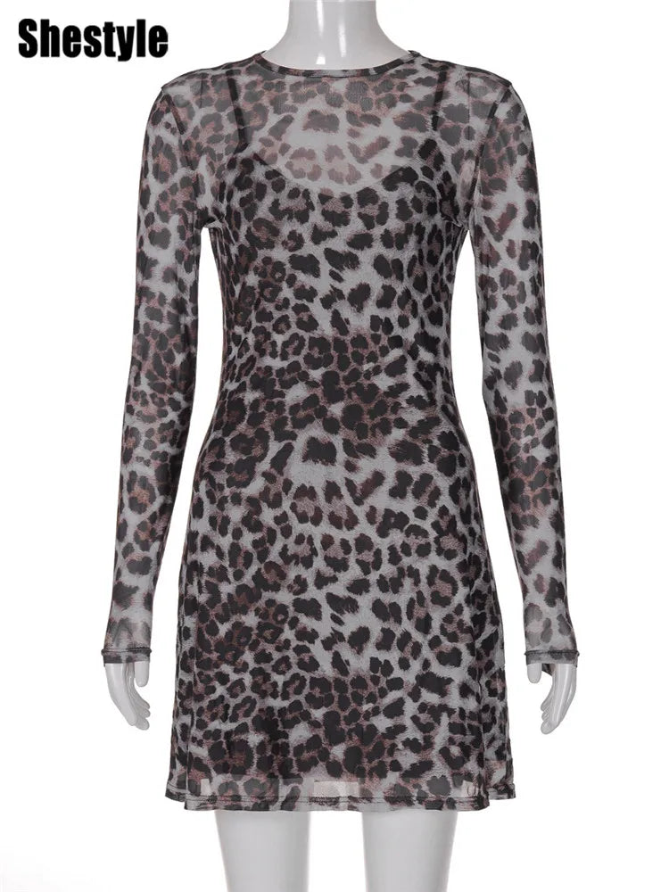 Shestyle Leopard Sexy A-Line Dress Women Two Piece Sets Mesh See Through Fashion Extremely Hot High Street Animal Print Stylish