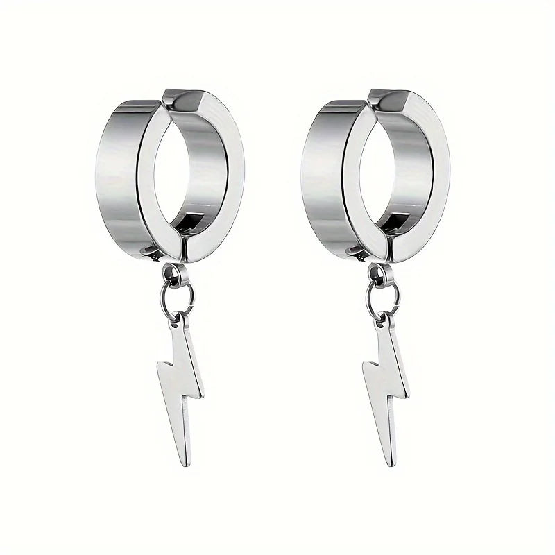 1pair Stylish Stainless Steel Lightning Pendant Piercing Hoop Earrings Ear Clip for Men Women Bold and Eye-Catching Statement