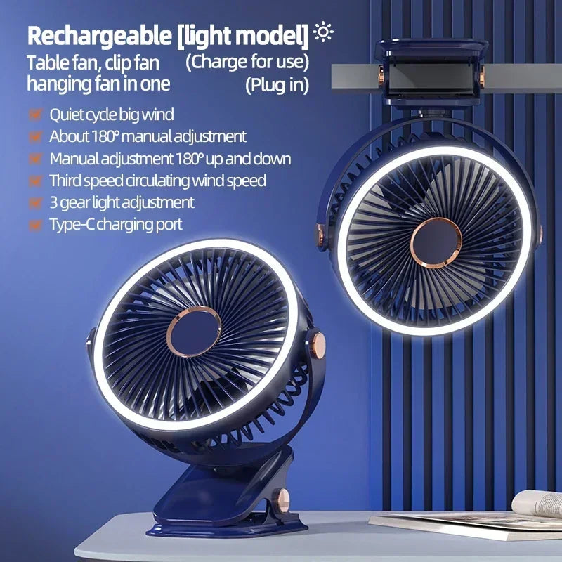 Camping Fan Rechargeable Desktop Portable Air Circulator Wireless Ceiling Electric Fan With LED Light Clip-on Home Fan 8000mAh