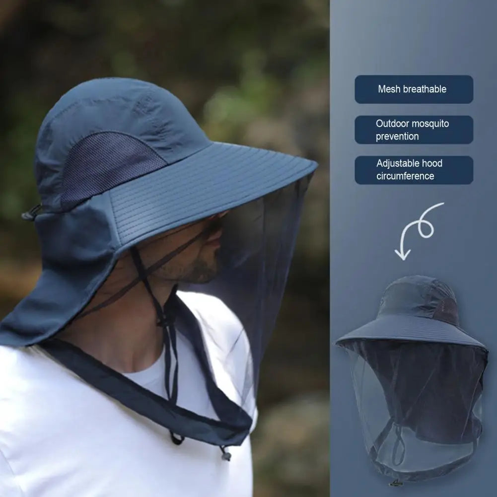 UV Protection Hat with Face Mask Breathable Insect Protection Wide Brim Fishing Hat Outdoor Sport Nature Hiking Camping Mesh Hat