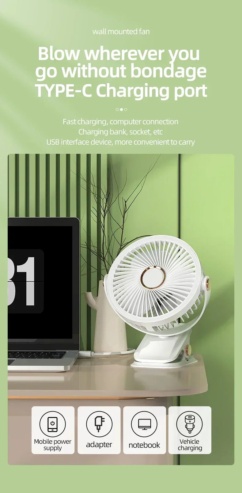 Camping Fan Rechargeable Desktop Portable Air Circulator Wireless Ceiling Electric Fan With LED Light Clip-on Home Fan 8000mAh