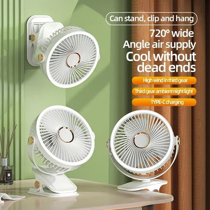 Camping Fan Rechargeable Desktop Portable Air Circulator Wireless Ceiling Electric Fan With LED Light Clip-on Home Fan 8000mAh