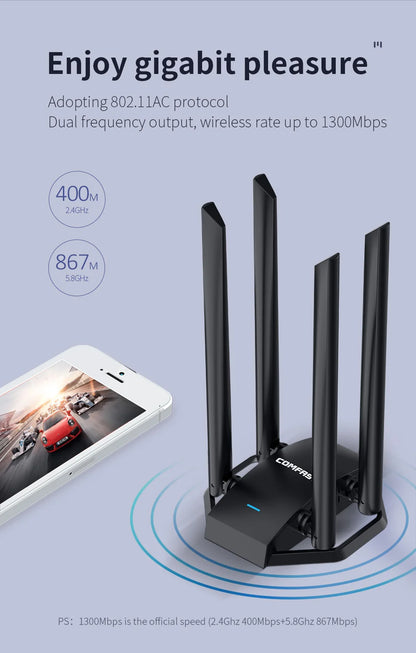 Comfast 1300Mbps Adaptador 2.4G&5GHz Usb Network Card Wireless WiFi Adapter High Gain 4*6dbi Antenna Desktop Linux Wi-fi Receive