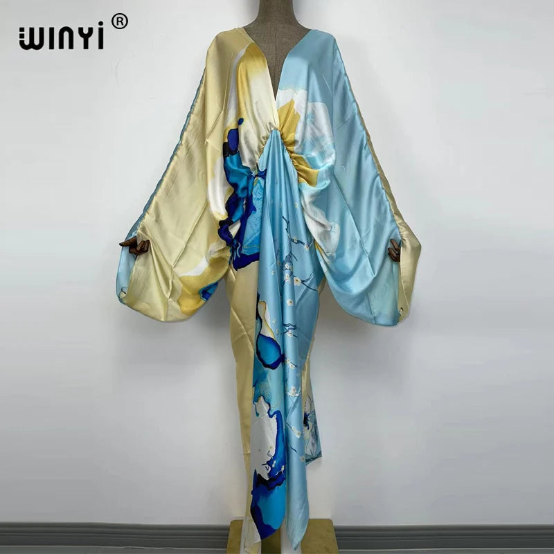Sexy bech high-quality hand-rolled feel silk rayon fashion print 2021 WINYI Maxi women's robes long beach V-neck Bohemian dress