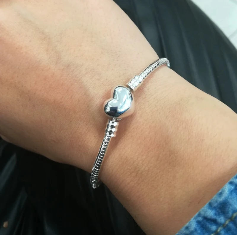 Handmade Jewelry Real 925 Sterling Silver Charm Bracelet Bangle Smooth Heart shape Bracelets for Women men DIY Jewelry 16-23cm