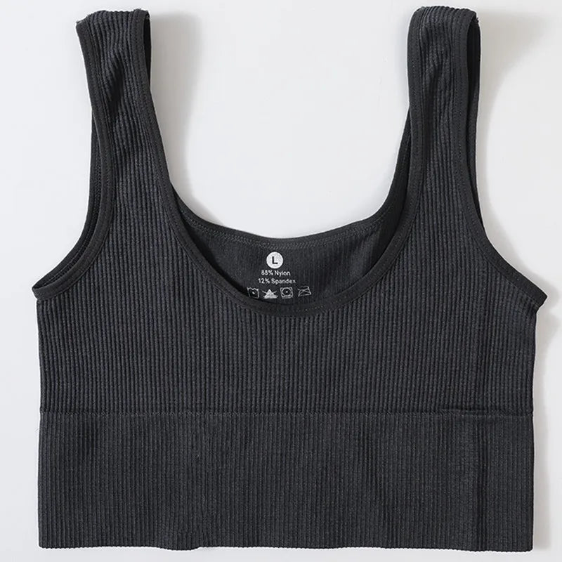 Women Seamless Ribbed Cropped Tank Top High Elastic Sleeveless Top Sexy Lingerie Sports Underwear O-neck Bra Daily Camisole M-XL