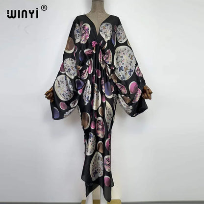 Sexy bech high-quality hand-rolled feel silk rayon fashion print 2021 WINYI Maxi women's robes long beach V-neck Bohemian dress