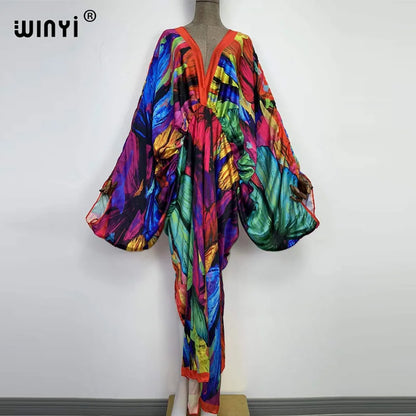 Sexy bech high-quality hand-rolled feel silk rayon fashion print 2021 WINYI Maxi women's robes long beach V-neck Bohemian dress