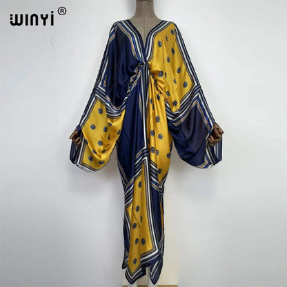 Sexy bech high-quality hand-rolled feel silk rayon fashion print 2021 WINYI Maxi women's robes long beach V-neck Bohemian dress