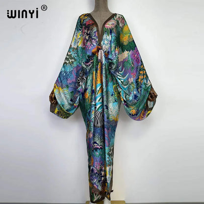 Sexy bech high-quality hand-rolled feel silk rayon fashion print 2021 WINYI Maxi women's robes long beach V-neck Bohemian dress